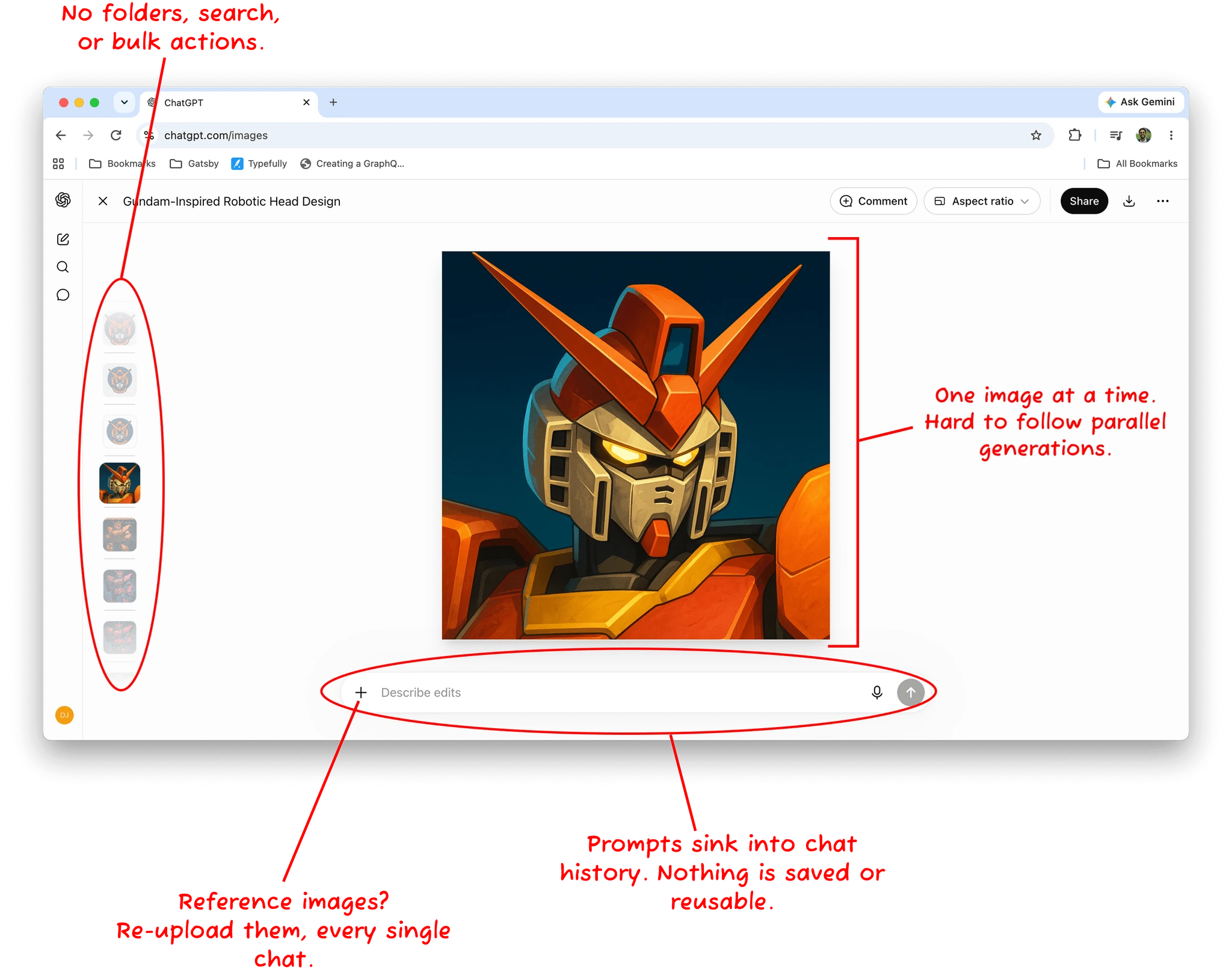 Annotated chatgpt.com screenshot calling out the missing library, single-image generation, unsaved prompts, and re-uploaded references